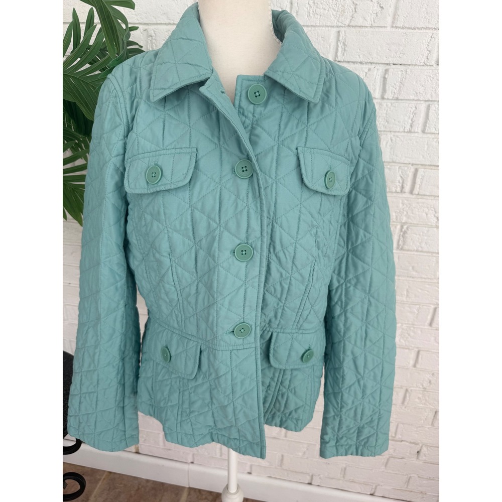 Ann Taylor Loft Quilted Jacket Women 14 Teal Excellent Button Front Pockets